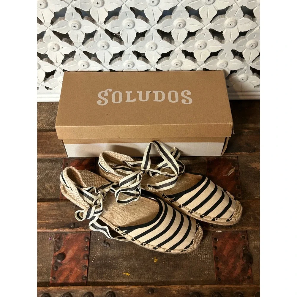 Soludos Womens Striped Lace Up Espadrille Flats Black White Ankle Tie Size 9.5